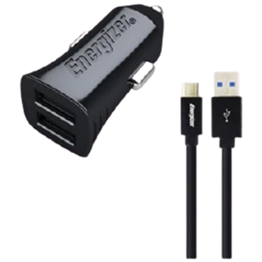Sạc ô tô Energizer LW 2.4A 2USB+USB-C2.0 + Micro cable - Chính hãng Black
